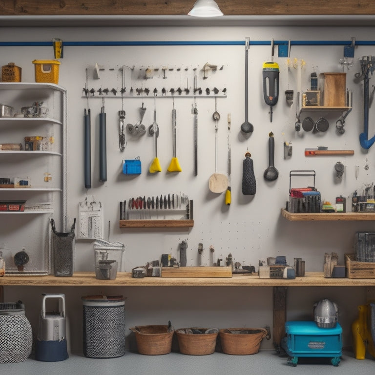 A well-organized garage workspace with a pegboard filled with various tools and accessories, surrounded by hooks of different sizes and styles, against a clean and neutral-colored background.