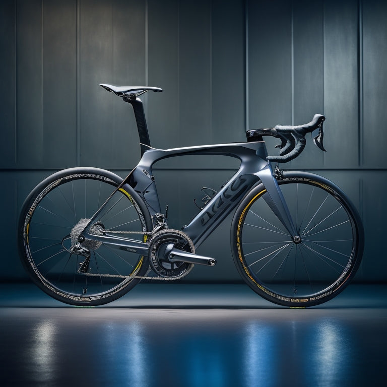 A sleek, high-performance triathlon bike dominates the center of a dimly lit, dark-gray background, surrounded by futuristic, aerodynamic accessories and gear in metallic silver and carbon fiber tones.