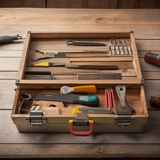 A tidy, compact toolbox with a hinged lid opened to reveal a neatly organized arrangement of essential tools, including a hammer, pliers, screwdrivers, wrench, and tape measure, on a weathered wooden background.