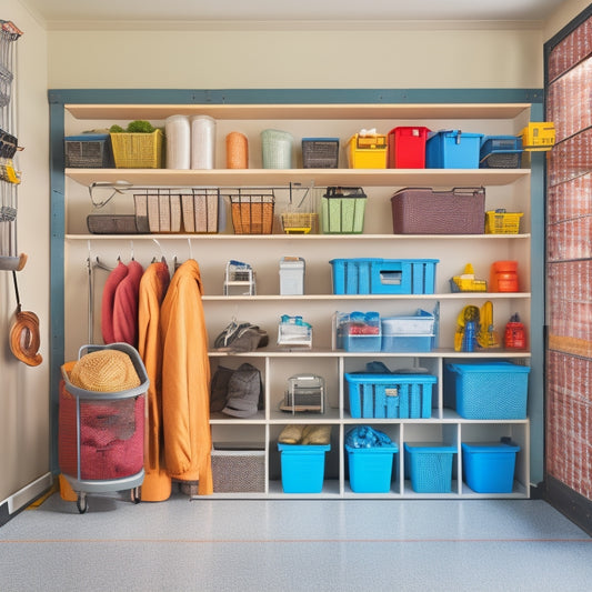 A tidy garage with a wall-mounted rack system, showcasing various storage bins, hooks, and baskets, against a clean white background, with natural light pouring in through a nearby window.