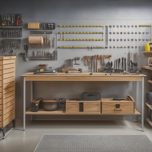A tidy workshop with a pegboard covered in neatly arranged tools, a labeled storage cabinet, and a workbench with a built-in vice and organized drawers, surrounded by a minimalistic background.