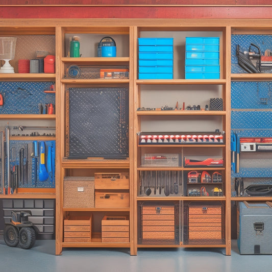 A well-organized garage with a variety of tool storage racks, including wall-mounted pegboards, slotted shelving units, and a rolling tool cabinet with open drawers, all filled with neatly arranged tools and equipment.