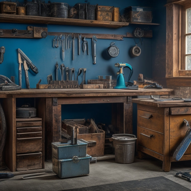 A clutter-free workshop with a central metal tool chest, drawers slightly ajar, revealing organized rows of wrenches, pliers, and screwdrivers, alongside a workbench with a vice and scattered metal shavings.