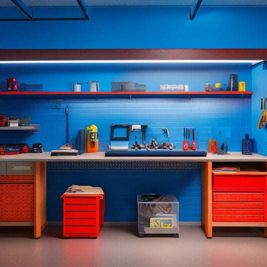 A colorful, well-lit garage with a sleek, modern workbench, featuring a pegboard with neatly organized tools, a modular storage system with transparent drawers, and a wall-mounted folding table.