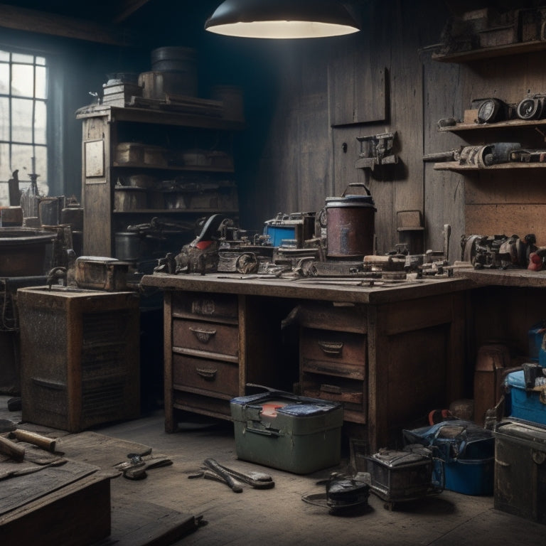 A cluttered workshop background with various tool boxes of different sizes, materials, and brands, with tools and accessories spilling out, organized by price range from budget-friendly to premium.