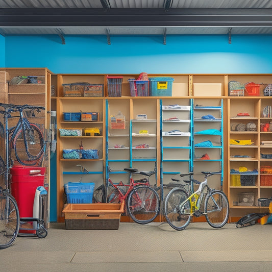 A clutter-free garage with three-tiered shelving units, each level filled with stacked plastic bins, bicycles suspended from the ceiling, and a slotted wall organizer holding various tools and accessories.