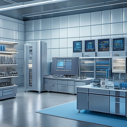 A futuristic workshop background with sleek, silver tools and machinery, featuring a large, transparent touchscreen display showcasing a 3D storage catalog, with folders and pages flipping seamlessly.