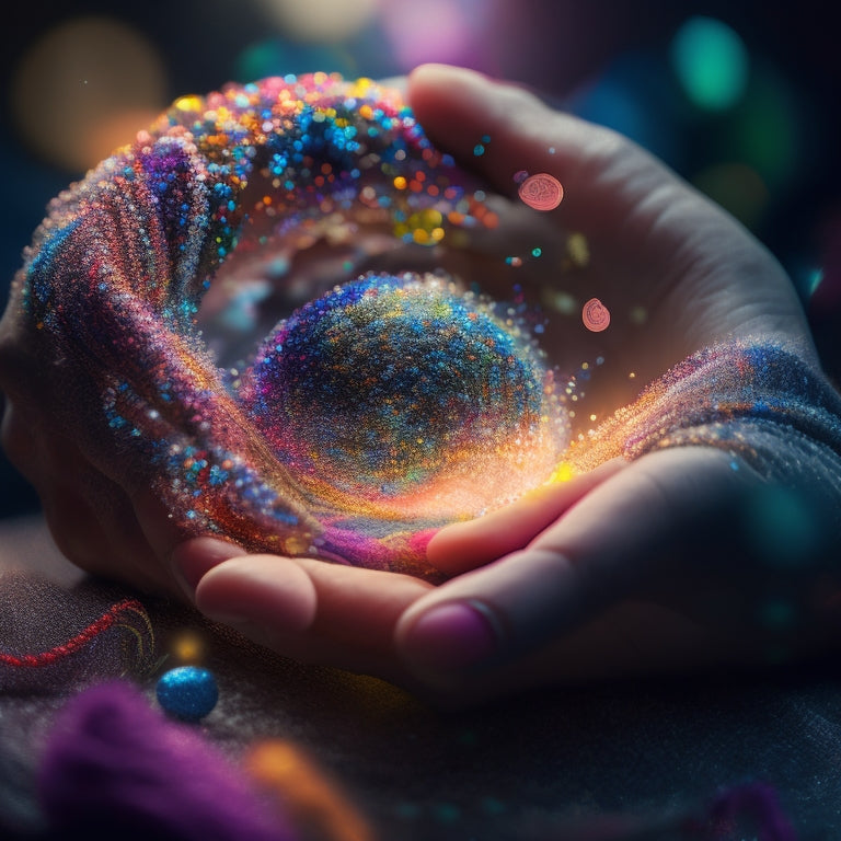 A whimsical illustration of a person's hand bursting with colorful, swirling threads, each representing a unique skill, surrounding a glowing, crystal-like object labeled with intricate, swirling patterns.