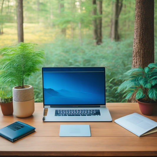 A serene, minimalist desk with a laptop, a single, organized folder, and a few carefully arranged cables, surrounded by a subtle, blurred background of calming greenery.
