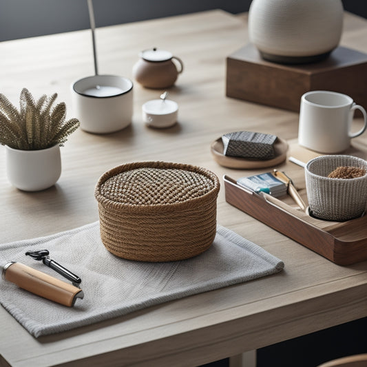 A serene, minimalist workspace featuring a wooden desk with a small, woven basket containing a dozen pens, a compact wooden drawer organizer filled with tiny office supplies, and a small, circular tray holding a few favorite coffee creamers.