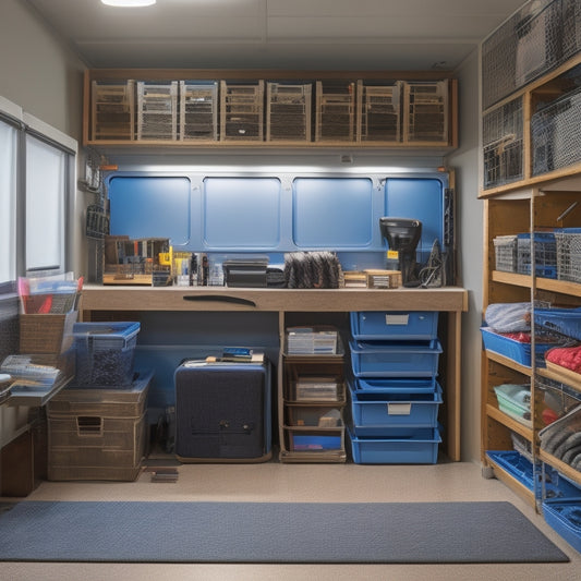 A well-organized mobile work van interior with labeled bins, stacked toolboxes, and a pegboard with hooks, surrounded by a tidy workspace and a laptop mounted on a wall-mounted desk.