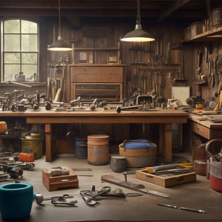 A cluttered workshop background with various tools scattered around, a partially assembled tool workbench in the center, surrounded by measuring tapes, wrenches, and a carpenter's square, with a faint blueprint or plan in the top-left corner.