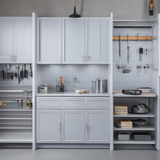 A clutter-free workshop with a sleek, silver key cabinet mounted on a gray wall, surrounded by neatly organized tools and a few scattered keys, with a subtle hint of a garage door in the background.