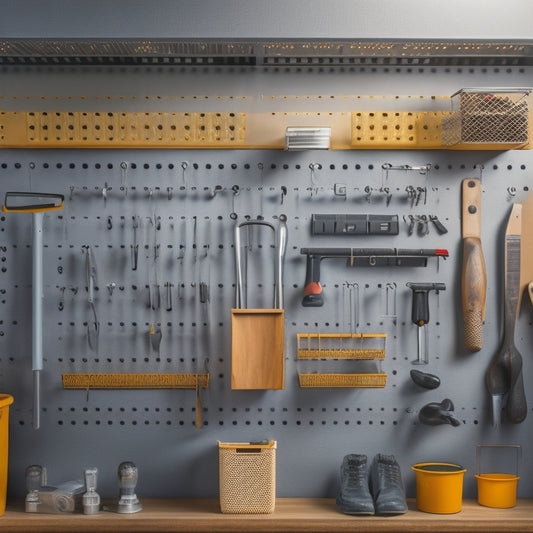 A well-organized pegboard with various tools and accessories neatly arranged on hooks and bins, set against a clean and minimalist background, with warm lighting and subtle shadows.