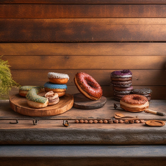 Generate an image of a distressed wooden board, adorned with vintage metal hooks, holding a dozen assorted donuts in a rustic, farmhouse-style arrangement, against a worn, earthy-toned background.