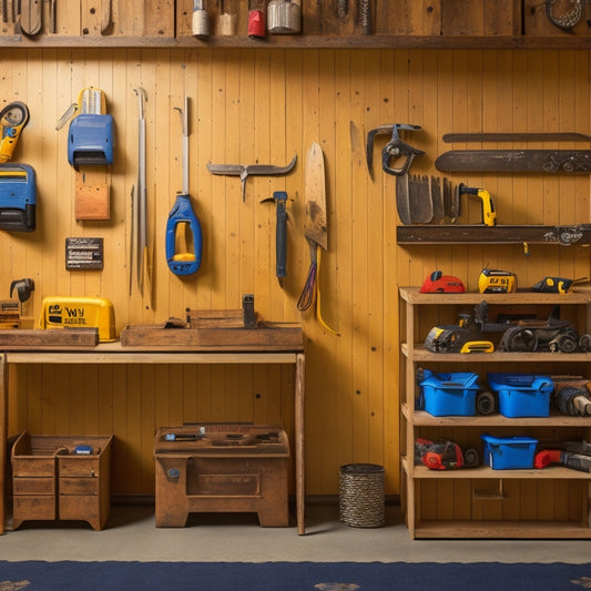 A tidy workshop with a pegboard, hooks, and bins, featuring a variety of power tools, such as drills, saws, and wrenches, organized and stored in separate compartments and holders.