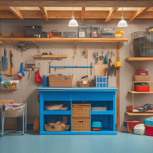 A well-organized small garage with a slatwall covered in hooks, baskets, and bins, a floor-to-ceiling shelving unit, and a workbench with a pegboard and a few tools hanging from it.