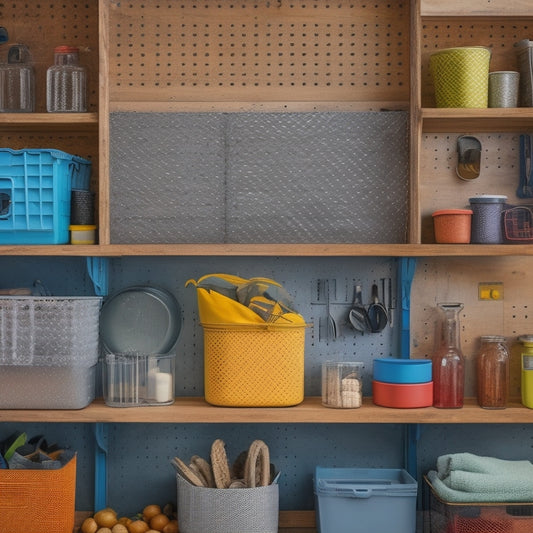 A pegboard with a diverse array of containers in various shapes, sizes, and materials, including metal bins, plastic baskets, wooden crates, and fabric pouches, arranged in a visually appealing and organized manner.