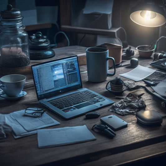 A cluttered digital workspace with multiple tabs open on a laptop, tangled cords, and a cracked smartphone screen, surrounded by crumpled papers and empty coffee cups, amidst a dark and moody background.