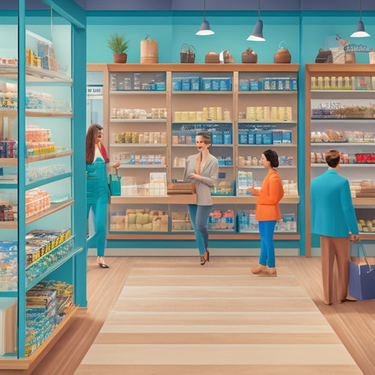 An illustration of a retail storefront with a bustling interior, filled with happy customers and efficient employees, surrounded by shelves stocked with products, and a manager in the background analyzing data on a tablet.