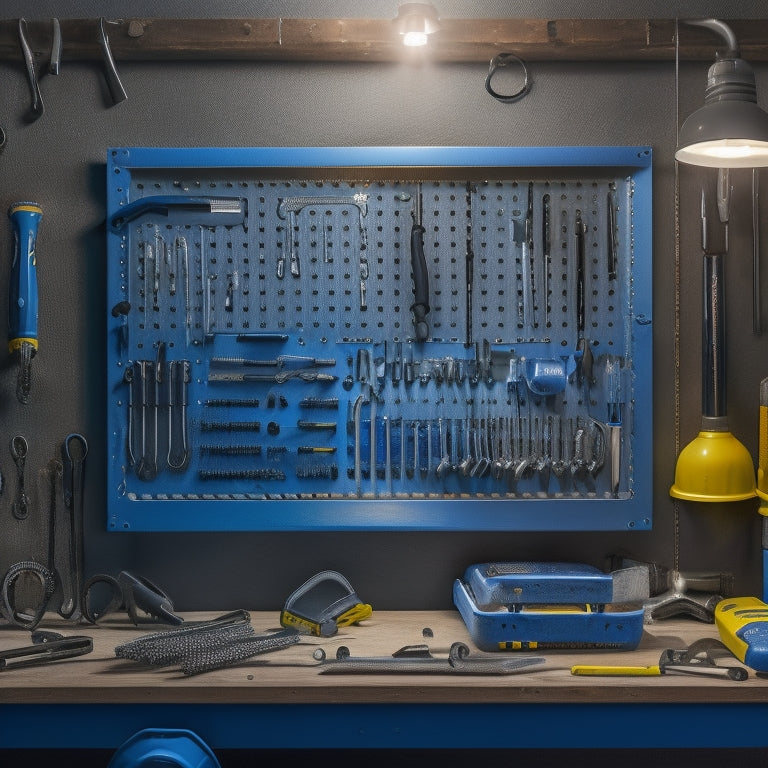 A pegboard with movable XY axis, consisting of a grid of holes with removable pegs, surrounded by various tools and accessories, such as wrenches, pliers, and screwdrivers, in a well-lit workshop setting.