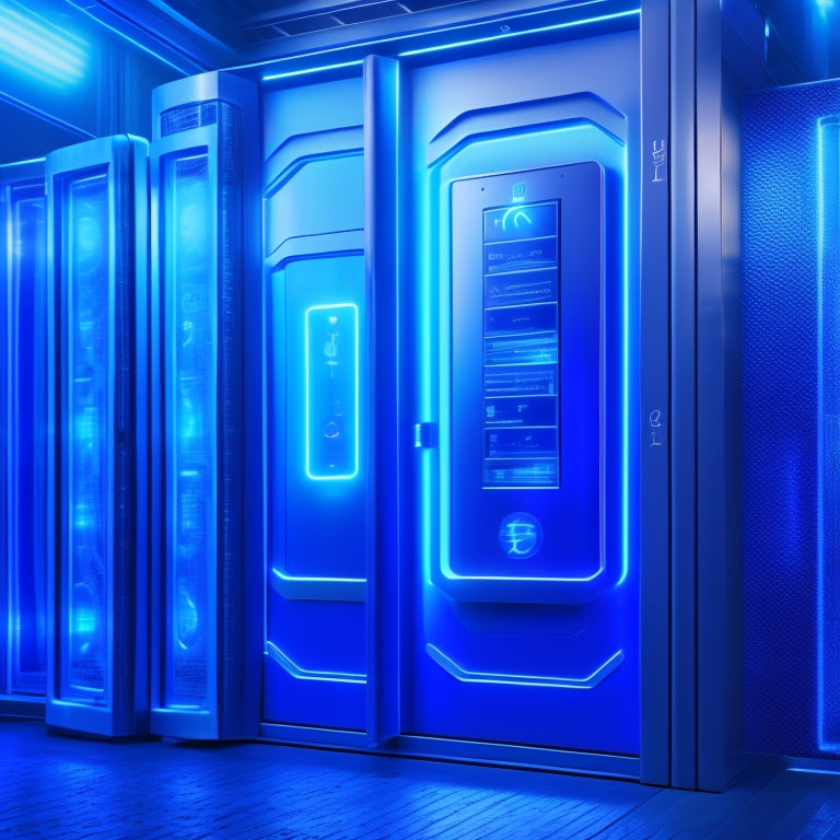 A futuristic, high-tech locker with glowing blue circuits and neon lights, surrounded by crackling energy fields, with a bold, metallic door emblazoned with a silver "PP" emblem.