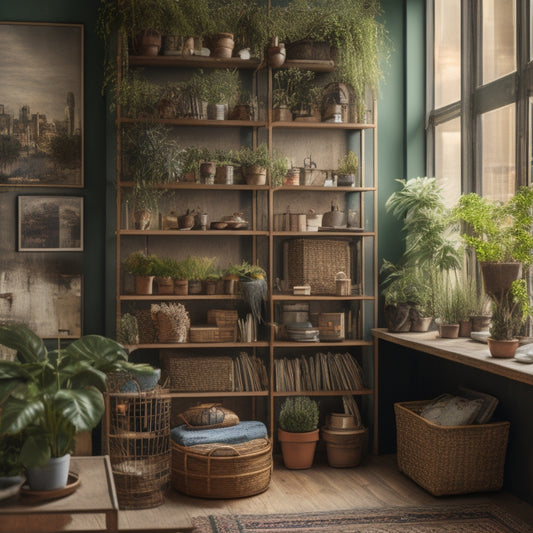 A cluttered compact space with a few small shelving racks of varying styles and materials (e.g., wooden, metal, glass) holding books, decorative items, and plants, with a cityscape or small apartment background.