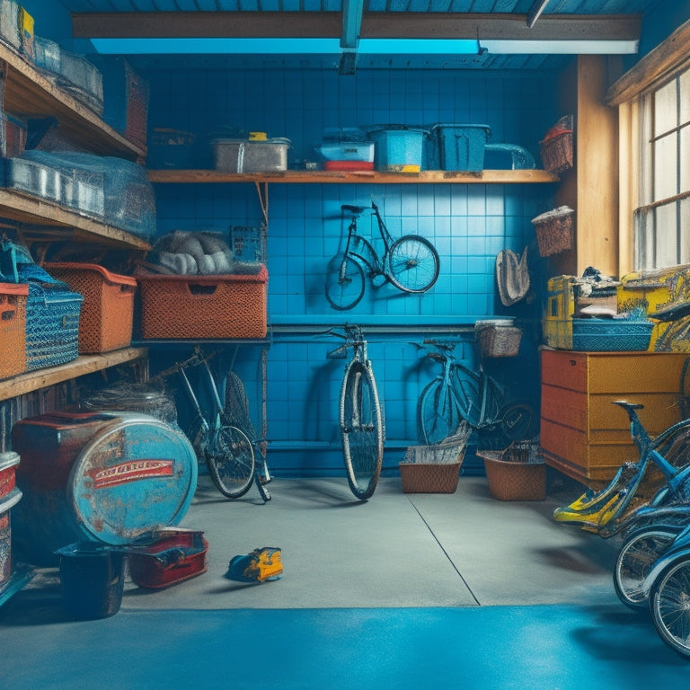 A cluttered garage with tools scattered on the floor, bikes leaning against walls, and storage bins stacked haphazardly, contrasted with a tidy section featuring organized shelving and labeled bins.