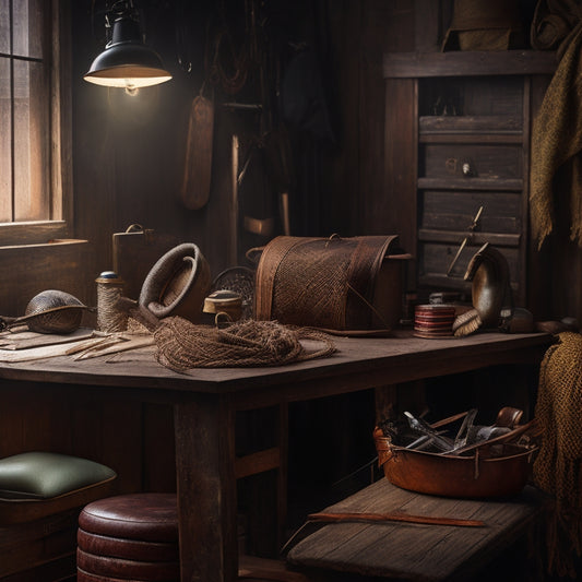 A warm, dimly lit workshop with wooden panels, vintage fishing gear, and a worn leather armchair, surrounded by threads, feathers, and half-tied flies on a cluttered workbench.