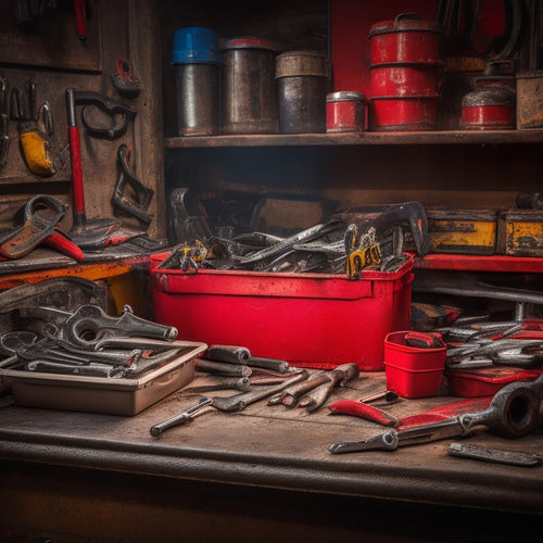 A cluttered garage workbench with various wrenches, sockets, and tools scattered around a central, open tool box, with a red toolbox set in the background, surrounded by mechanic's gloves and oil stains.