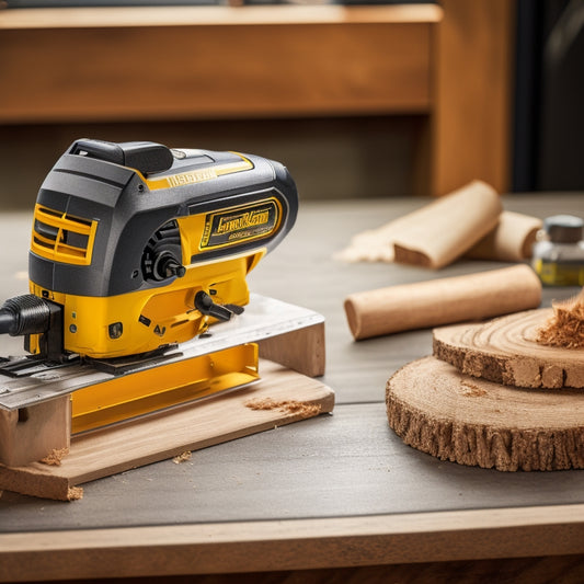 A close-up shot of a shiny, silver electric mini circular saw with a bright yellow handle and black accents, surrounded by wood shavings and sawdust on a wooden workbench.