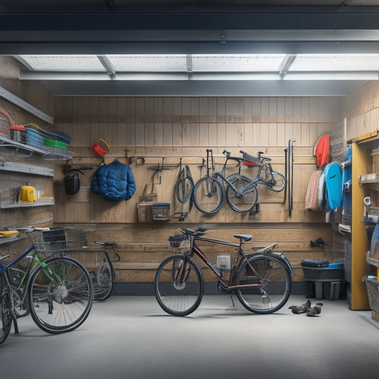 A well-organized garage with a slatwall system, bins, and hooks, featuring a parked car, a workbench with tools, and a few bicycles hung from the ceiling, lit by natural light.