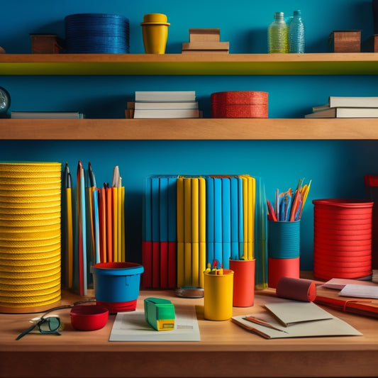 A tidy workspace with 5 vibrant, cylindrical bins in various colors (red, yellow, blue, green, and orange) arranged on a wooden shelf, surrounded by scattered papers and office supplies.