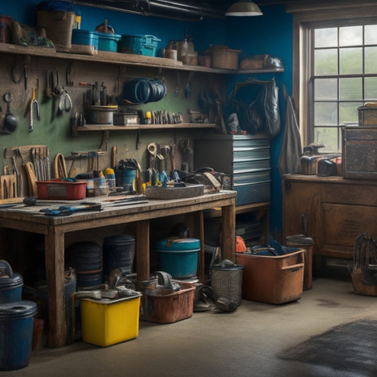 A messy garage with scattered tools and parts, next to a clean and organized workbench with a few open tool boxes in the foreground, with tools neatly arranged inside.