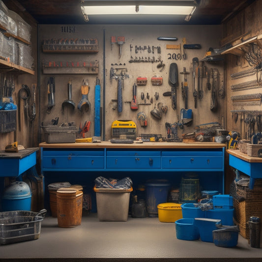 A cluttered garage workshop with scattered tools and equipment, contrasted with a organized pegboard and customized storage bins in the background, with a faint grid pattern overlaid.