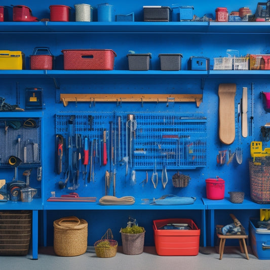 A colorful, clutter-free garage or workshop with a large, wall-mounted pegboard organizer filled with an assortment of tools, baskets, and bins, showcasing versatility and organization.