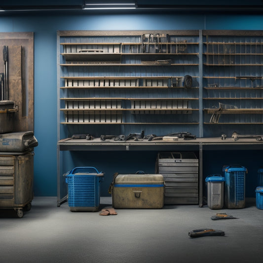 A tidy workshop with 7 stacked tool boxes in descending size order, each with a distinct color and metal handle, against a clean grey concrete wall with a faint grid pattern.