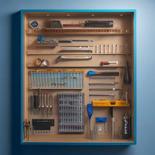 A well-lit, wall-mounted pegboard cabinet with a sturdy metal frame, filled with an assortment of tools and accessories, including wrenches, pliers, screwdrivers, and bins, against a clean, white background.