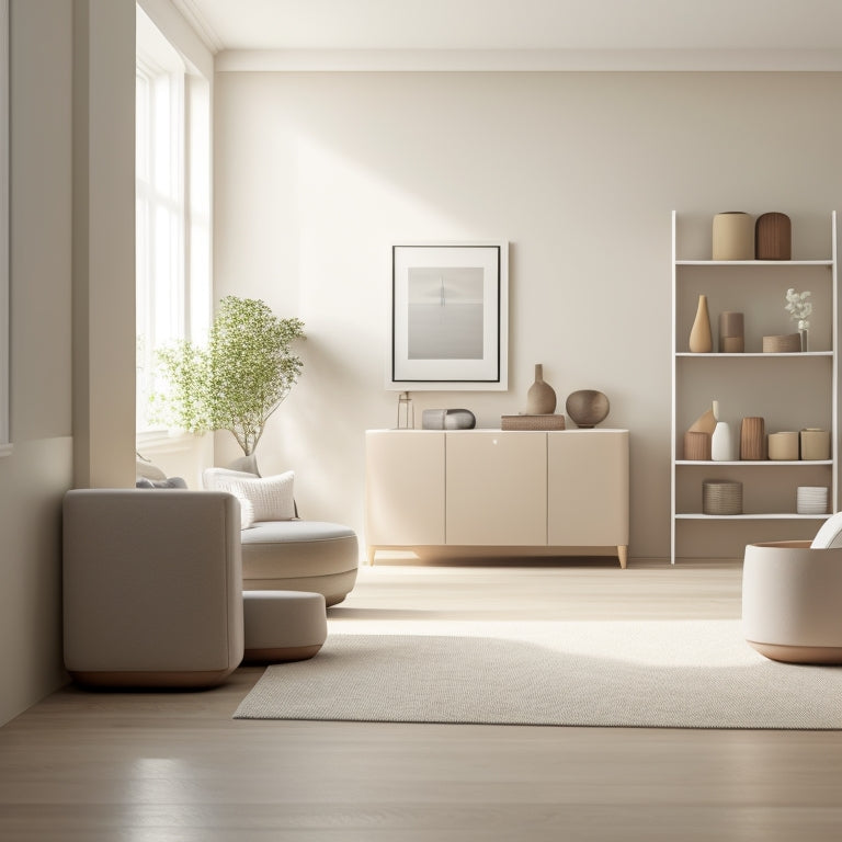 A serene, minimalist living room with 5-7 wall-mounted bins in various shapes, sizes, and materials, holding organized belongings, against a soft, creamy background with natural light pouring in.