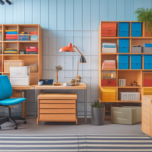 A modern office with a wooden desk, surrounded by sleek storage bins in various sizes, stacked on a metal shelving unit, with a few bins labeled with colorful tabs, amidst a tidy workspace.