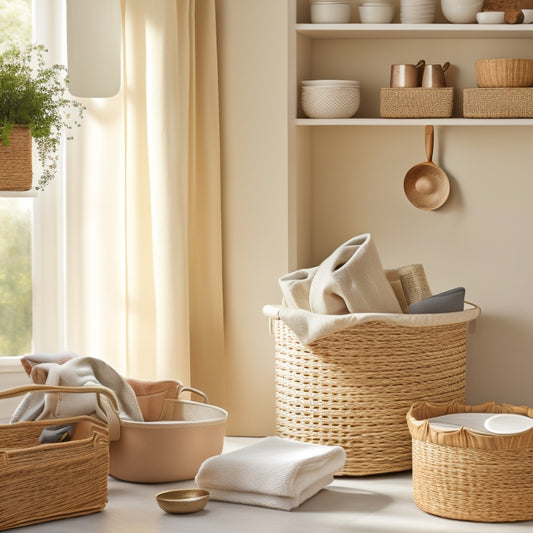 A tidy, cream-colored room with three wall-hung woven baskets in varying sizes, each containing neatly folded linens, books, or kitchen utensils, against a soft, natural light-filled background.