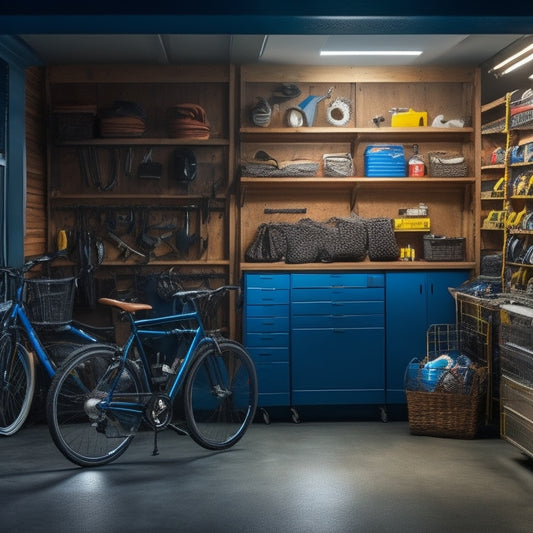 A cluttered, dimly lit garage with bicycles, tools, and sports equipment strewn about, contrasted with a sleek, organized section featuring custom storage cabinets, bins, and a slatwall with hooks.