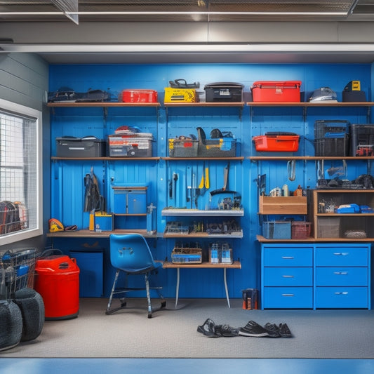 A clutter-free small garage with a pegboard on the wall, hooks holding tool belts, and a shelving unit with labeled bins, surrounded by a few well-organized tools and a sleek sports car in the background.