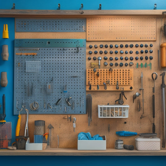 A pegboard with various tools and accessories organized in a cluttered but functional manner, surrounded by scattered screws, nuts, and bolts, with a few empty hooks and a hint of a workshop background.