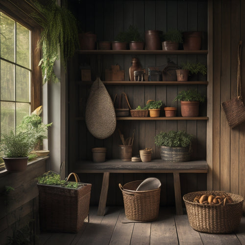 A serene, well-organized small shed interior with a slatted wall, hooks, and baskets storing gardening tools, pots, and seeds, surrounded by lush greenery and soft, warm lighting.