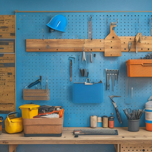 A neatly organized pegboard with various tools and accessories hanging from hooks, surrounding a sturdy, compact storage box with a hinged lid and a soft-close mechanism, on a clutter-free workshop bench.