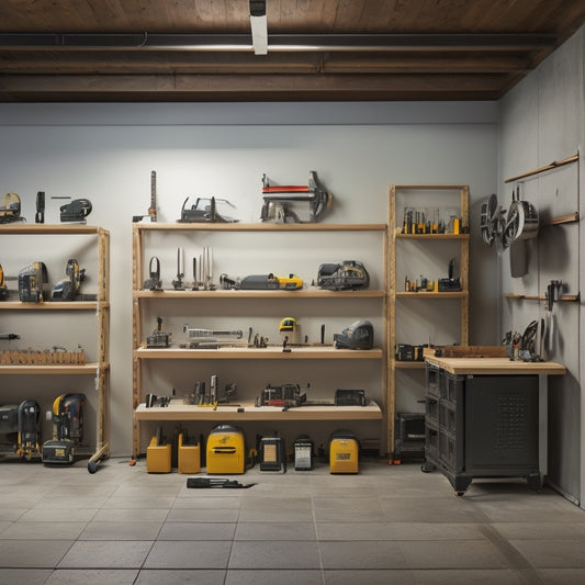 A well-lit, clutter-free workshop with a sleek, silver storage rack system holding various power tools, including drills, saws, and sanders, against a clean, gray concrete wall.