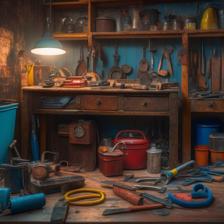 A cluttered workshop with scattered tools, tangled cords, and rusty equipment, contrasted with a small, organized toolbox in the corner, with a few neatly arranged wrenches and a hammer.