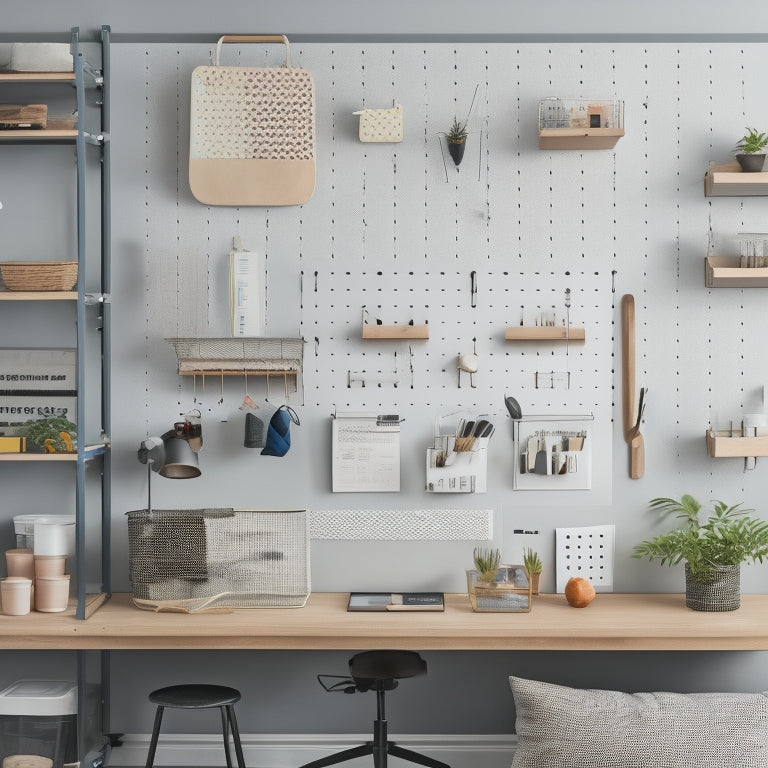 A clutter-free workspace with a large, mounted IKEA pegboard on a light-gray wall, holding a neatly arranged assortment of tools, baskets, and accessories in a harmonious, Scandinavian-inspired aesthetic.