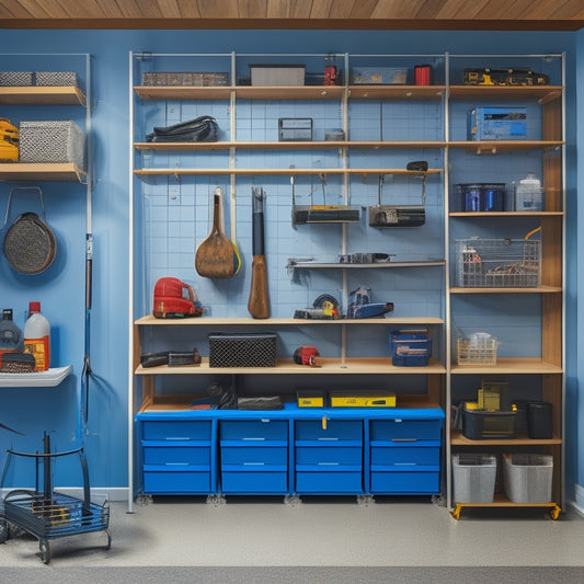 A tidy small garage with a pegboard on the wall, holding various tools and accessories, and a shelving unit with labeled bins and baskets, surrounded by a sleek, epoxy-coated floor.